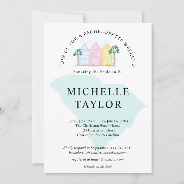 Charleston Bachelorette Weekend Itinerary South Invitation (Front)