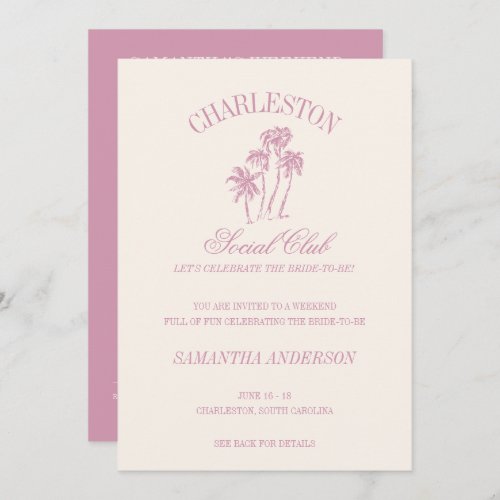 Charleston Bachelorette Weekend Pink Social Club Invitation