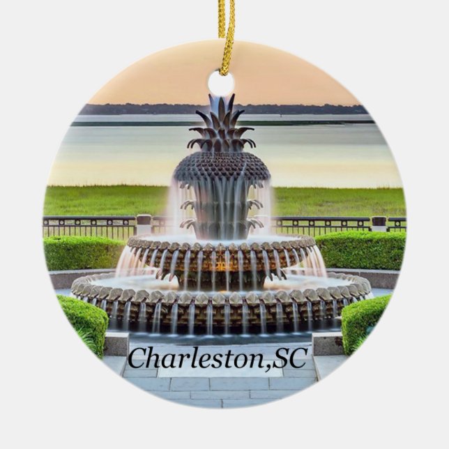 Charleston Christmas Ornament, Pineapple Fountain, Ceramic Ornament (Front)