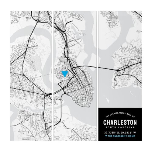 Charleston City Map  Home Location Marker Triptych