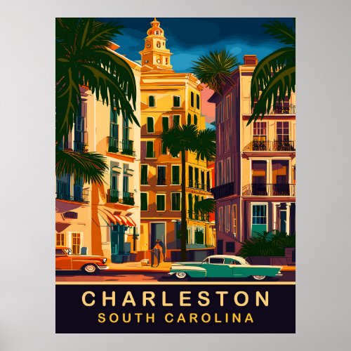 Charleston Downtown SC Vintage Travel Poster