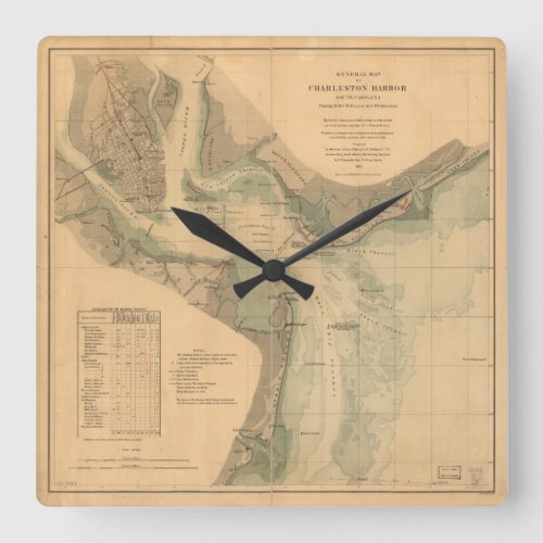 Charleston Harbor 1865 Nautical Chart Square Wall Clock