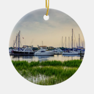 Charleston Harbor Boats Sunset Ceramic Ornament