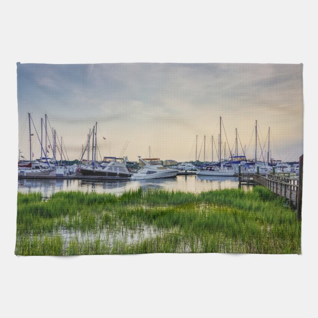 Charleston Harbor Boats Sunset Kitchen Towel (Horizontal)