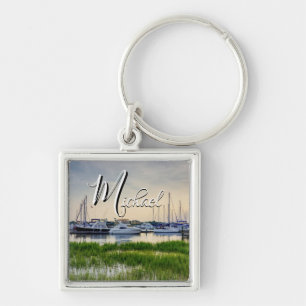 Charleston Harbor Boats Sunset Square Keychain