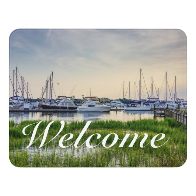 Charleston Harbor Boats Sunset Welcome Door Sign (Contemporary Front)