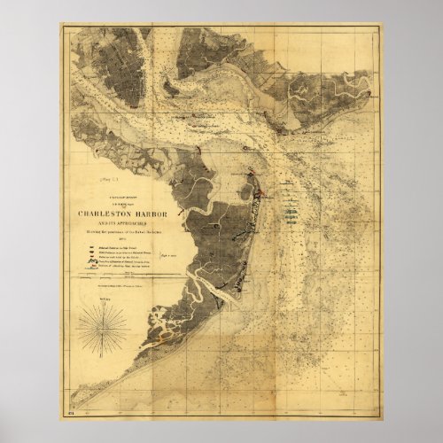 Charleston Harbor Civil War Map Sept 7 1863 Poster