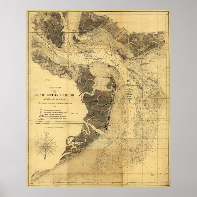Charleston Harbor Civil War Map Sept. 7, 1863 Poster (Front)