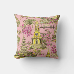 Charleston in Bloom – Pink Cottagecore Travel Illu Throw Pillow