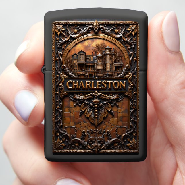 Charleston Leather Mansion Leaf Motif  Zippo Lighter (In Hand)