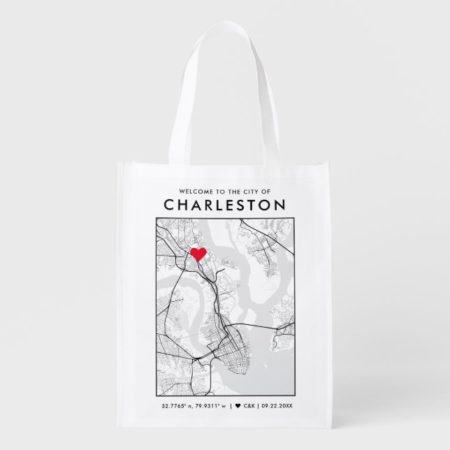 Charleston Love Locator | City Map Wedding Welcome Grocery Bag (Front)