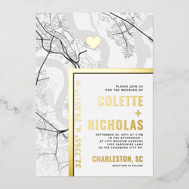 Charleston Love Locator | City Themed Wedding Foil Invitation (Front)
