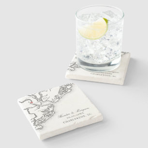 Charleston Map Elegant Black White Wedding Favor Stone Coaster