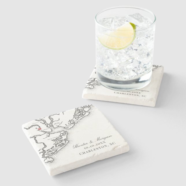 Charleston Map Elegant Black White Wedding Favor Stone Coaster (Side)