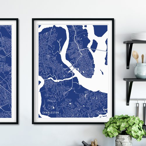 Charleston Map Navy Blue Modern Street Map Poster