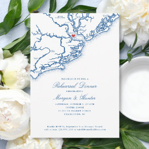 Charleston Map Navy Blue Wedding Rehearsal Dinner Invitation