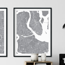 Charleston Map, Simple Pewter Silver Line Map Poster