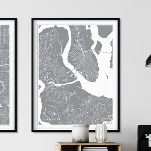 Charleston Map, Simple Pewter Silver Line Map Poster