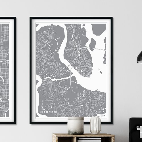 Charleston Map Simple Pewter Silver Line Map Poster
