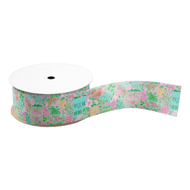 Charleston Pastel Preppy Palm Beach Pattern Print Grosgrain Ribbon (Spool)