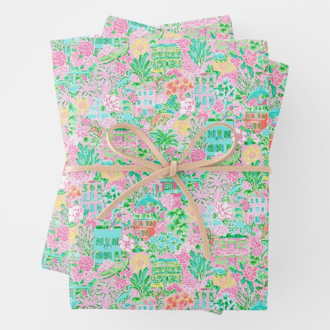 Charleston Pastel Preppy Palm Beach Pattern Print Wrapping Paper Sheets (In situ)