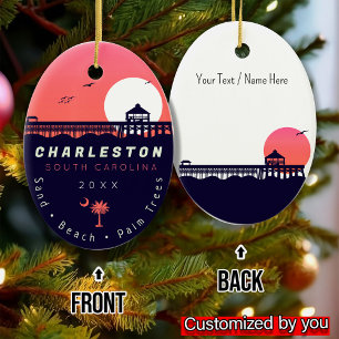 Charleston Pier SC Retro Sunset Souvenirs 60s Ceramic Ornament