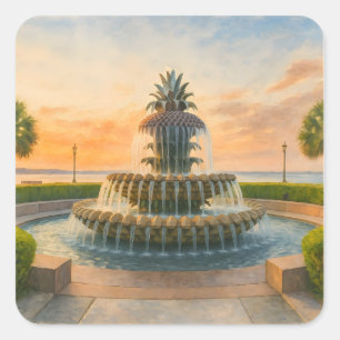 Charleston Pineapple Fountain Watercolor Sunset Square Sticker