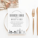 Charleston Rehearsal Dinner | City Skyline Invitation<br><div class="desc">A unique rehearsal dinner invitation for a marriage taking place in the beautiful city of Charleston, South Carolina. This invitation features a stylized illustration of the city's unique skyline. This is followed by your rehearsal dinner information in a matching open-lined style. On the reverse side of the invitation is a...</div>