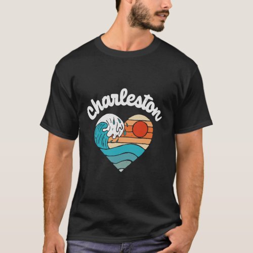 Charleston Sc Beach Lover Retro Heart Surf Wave Gr T_Shirt