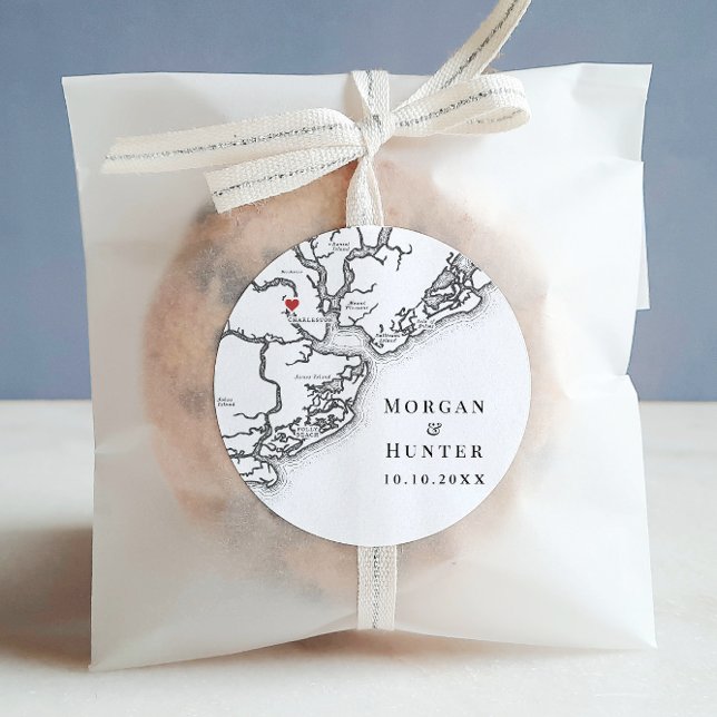 Charleston SC Elegant Black White Wedding Favor Classic Round Sticker (Charleston SC Wedding round sticker label in Elegant black and white from Coastal Map Designs)