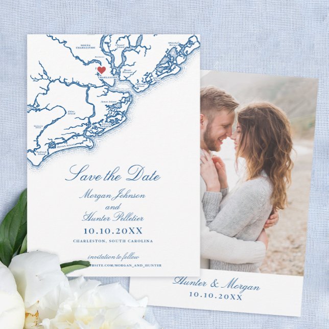 Charleston SC Elegant Navy Blue Wedding Save The Date (Charleston SC Map Wedding Save the Date in Elegant Navy Blue from Coastal Map Designs)