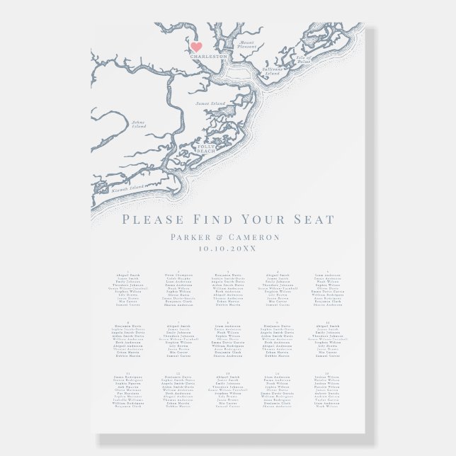 Charleston SC Map 15 Table Wedding Seating Chart Foam Board (Front)