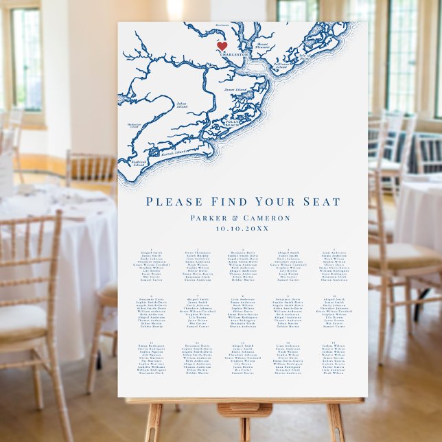 Charleston SC Map 15 Table Wedding Seating Chart Foam Board (Charleston South Carolina Wedding Seating Chart in elegant navy blue from Coastal Map Designs)