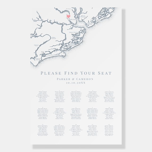 Charleston SC Map 15 Table Wedding Seating Chart Foam Board (Front)