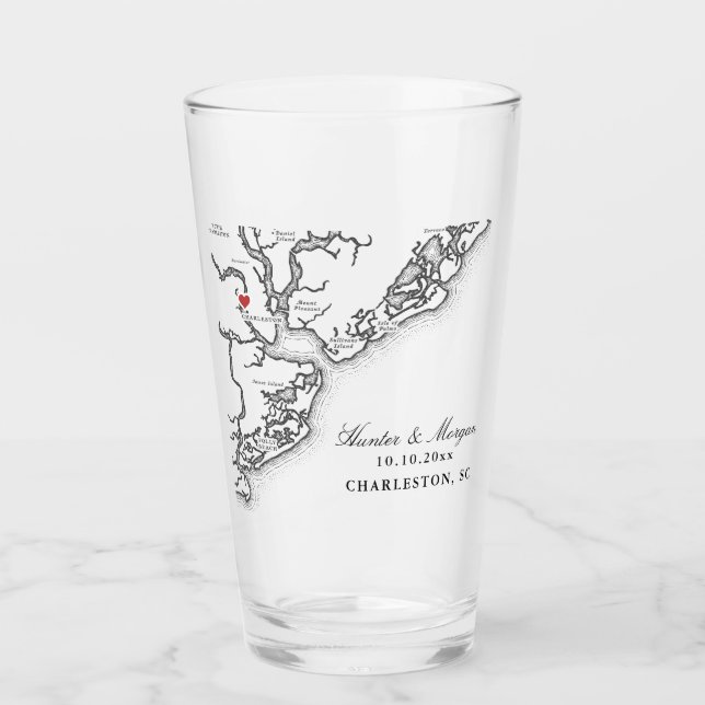 Charleston SC Map Black and White Wedding Favor Glass (Front)