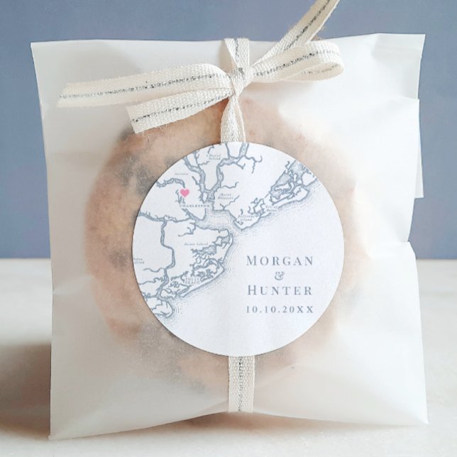 Charleston SC Map Elegant Dusty Blue Wedding Favor Classic Round Sticker (Charleston SC Wedding round sticker label in Elegant dusty blue from Coastal Map Designs)