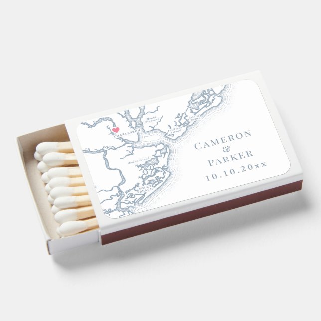 Charleston SC Map Elegant Dusty Blue Wedding Favor Matchboxes (Front Open)