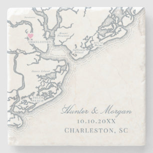 Charleston SC Map Elegant Dusty Blue Wedding Favor Stone Coaster