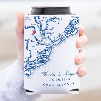 Charleston SC Map Elegant Navy Blue Wedding Favor Can Cooler