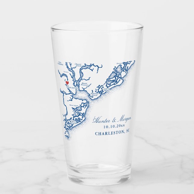 Charleston SC Map Elegant Navy Blue Wedding Favor Glass (Front)
