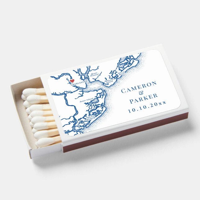 Charleston SC Map Elegant Navy Blue Wedding Favor Matchboxes (Front Open)