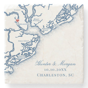 Charleston SC Map Elegant Navy Blue Wedding Favor Stone Coaster