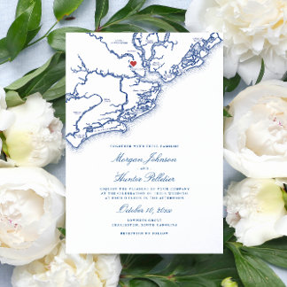 Charleston SC Map Elegant Navy Blue Wedding Invitation