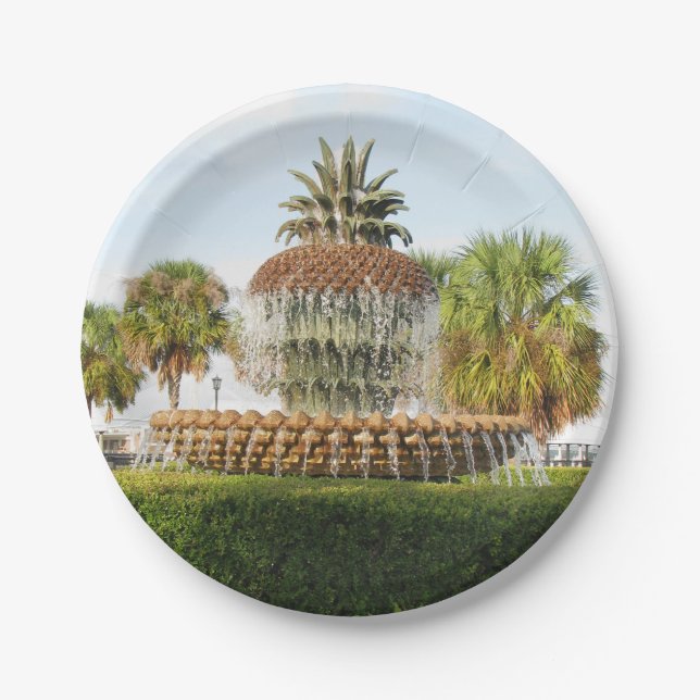 Charleston SC Pineapple Fountain, Waterfront Park Paper Plates (Front)