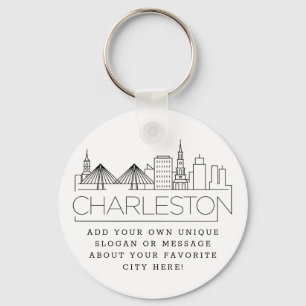 Charleston, SC Stylized Skyline Custom Slogan Keychain
