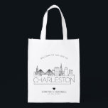 Charleston, SC Wedding | Stylized Skyline Grocery Bag<br><div class="desc">A unique wedding bag for a wedding taking place in the beautiful city of Charleston,  NC.  This bag features a stylized illustration of the city's unique skyline with its name underneath.  This is followed by your wedding day information in a matching open lined style.</div>