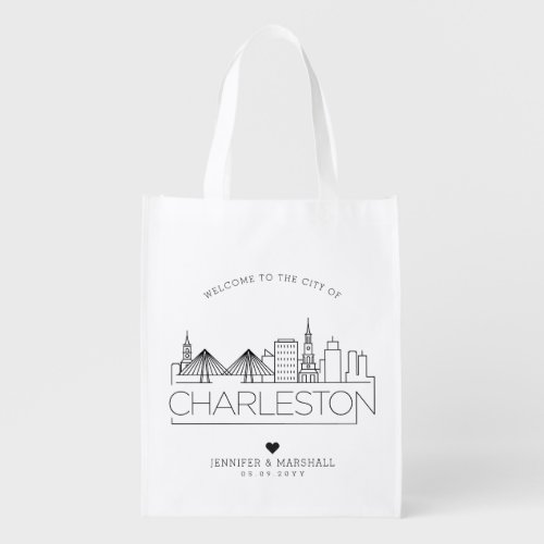 Charleston SC Wedding  Stylized Skyline Grocery Bag