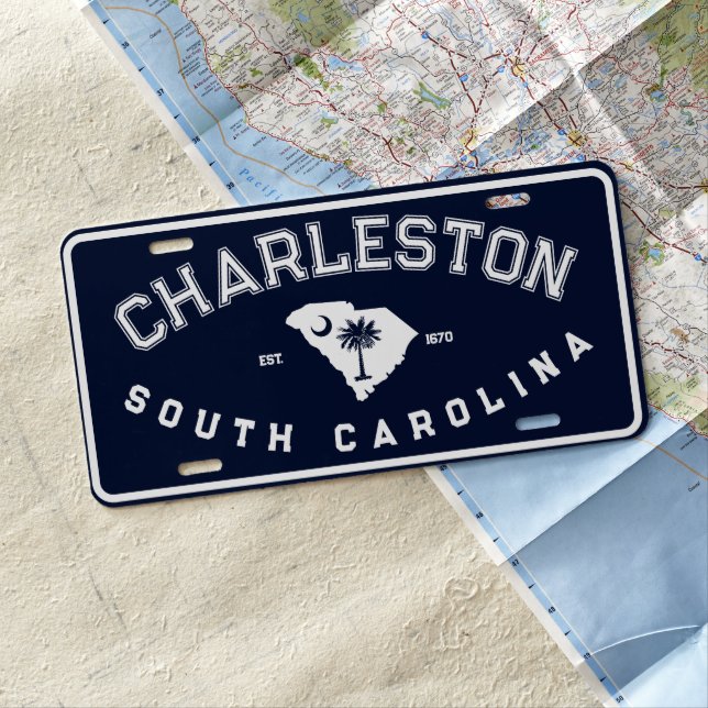 Charleston South Carolina Navy SC Flag Palm Trees License Plate (In Situ)
