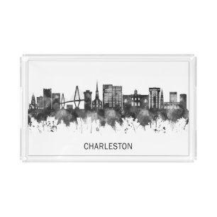 Charleston South Carolina Skyline BW Acrylic Tray