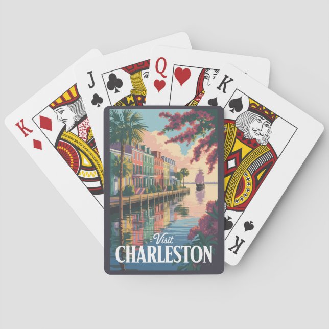 Charleston South Carolina Waterfront Illustration Poker Cards (Back)
